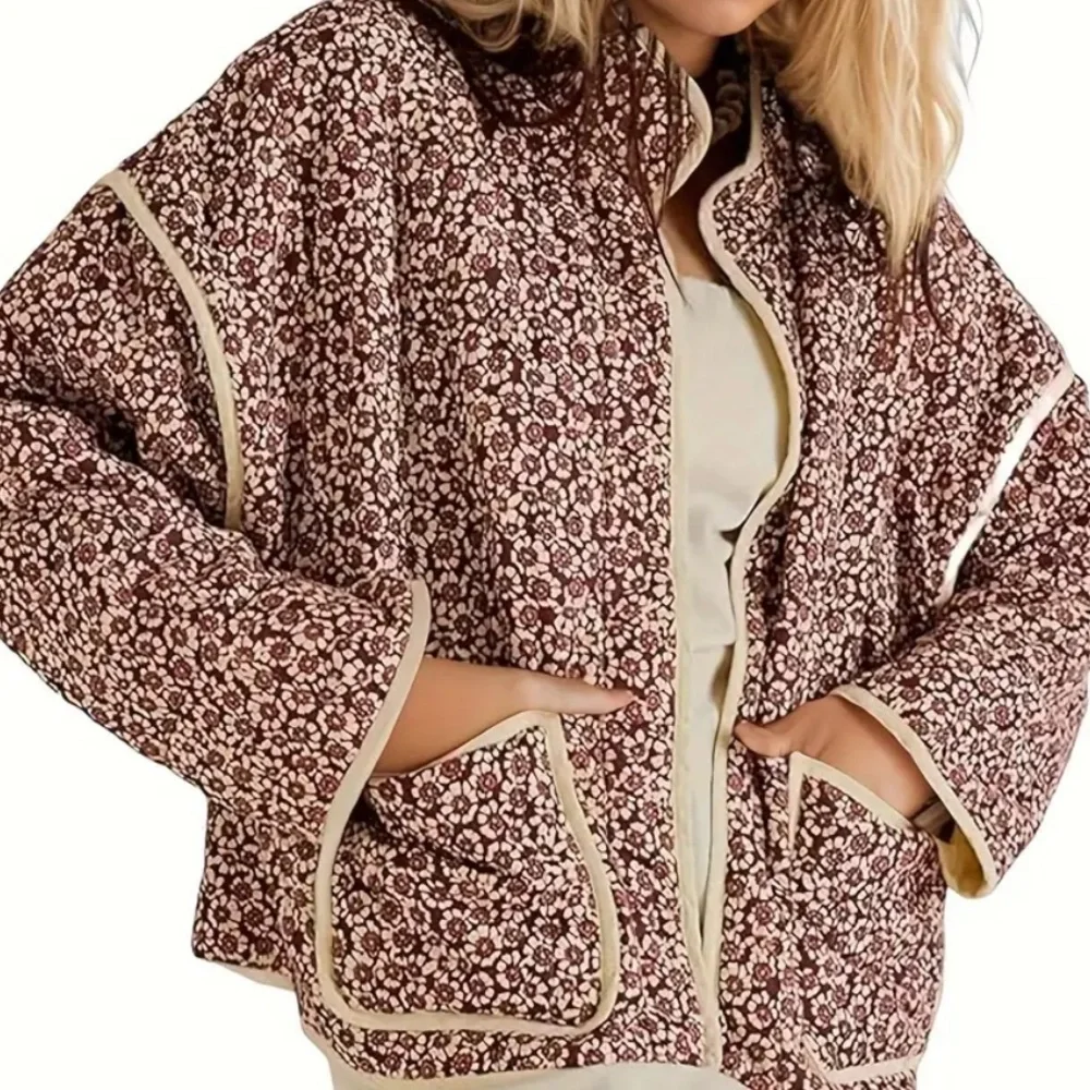 Cream and Brown/Red printed quilted lightweight jacket - Picture 5 of 6
